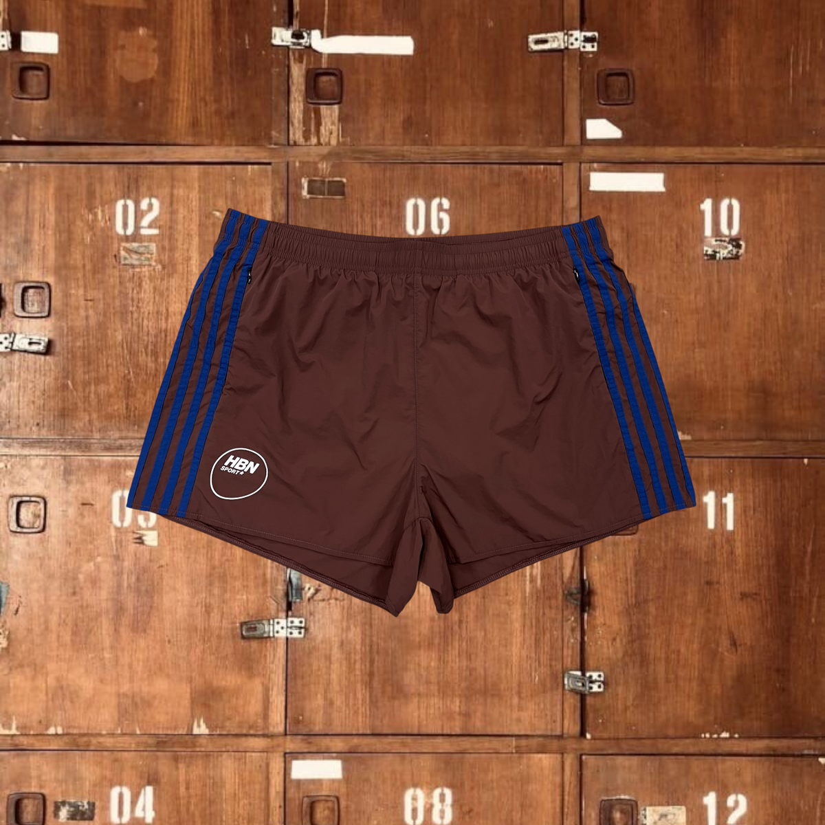 Walnut track shorts (brown & Royal blue)